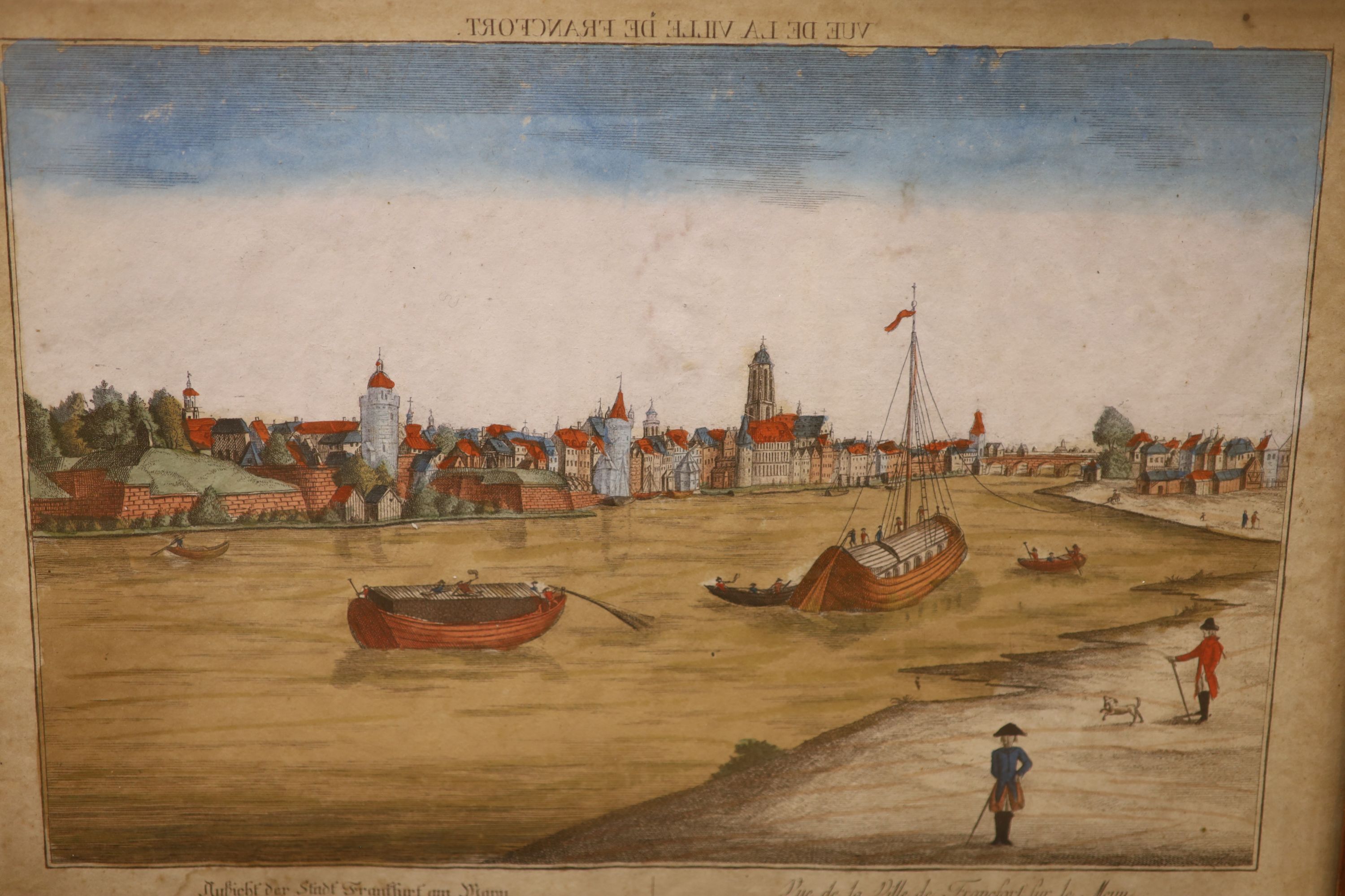 Five 18th century coloured engravings, Views of Frankfurt and other cities, largest 27 x 41cm